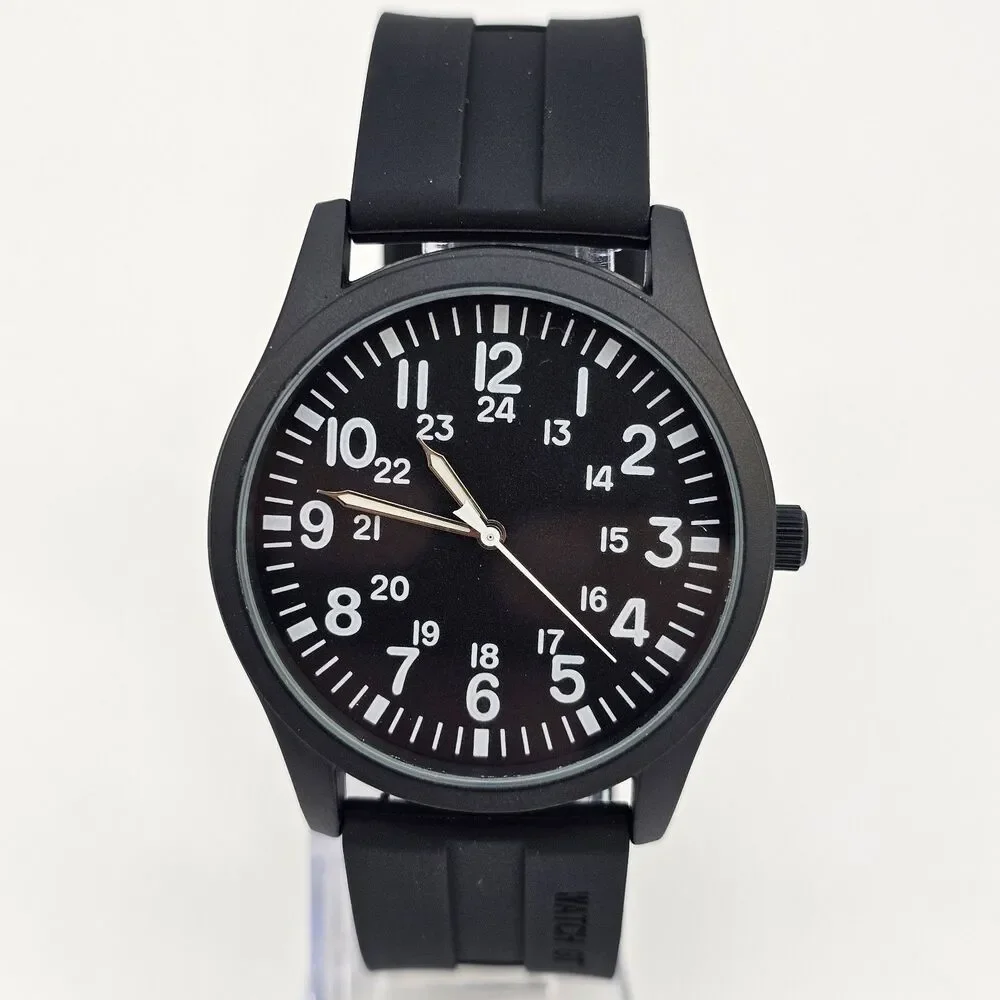 Men's Military Field Watch 42MM Black Case Black‎ Dial Black Plastic Band Straps